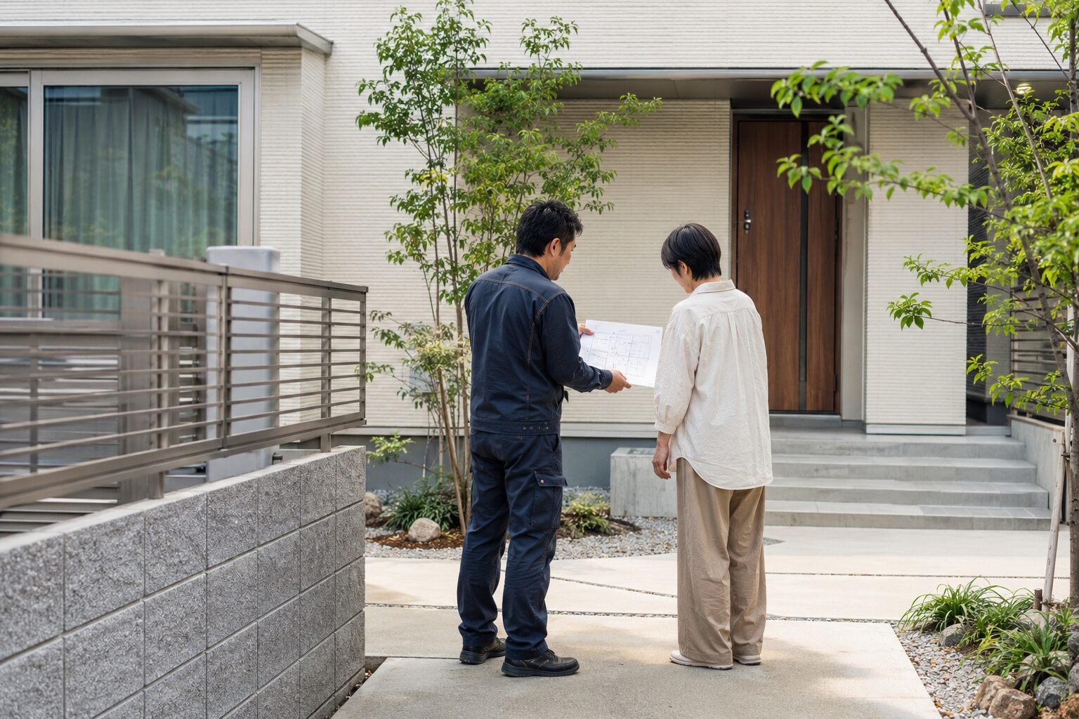 外構工事の見積書を3社分並べて施工内容と金額を比較する様子