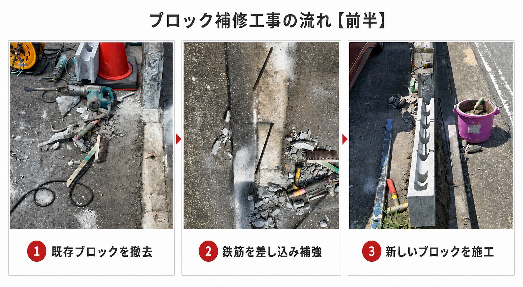 既存ブロックの撤去から鉄筋補強と新しいブロックの施工まで
