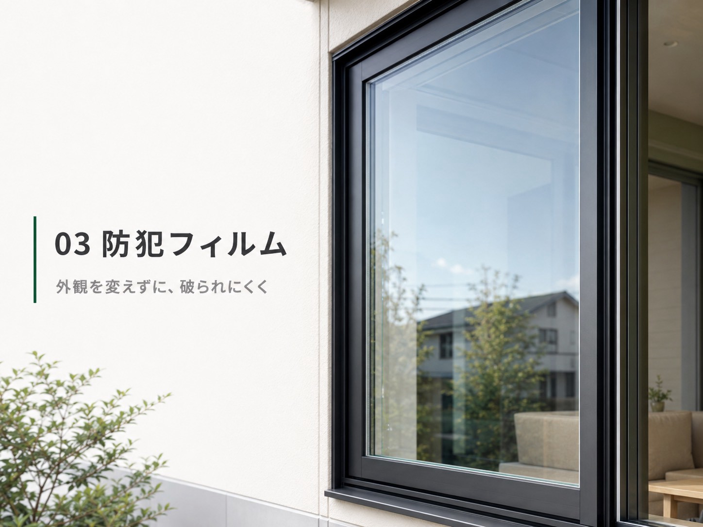 住宅の窓ガラスへ施工する透明な防犯フィルム